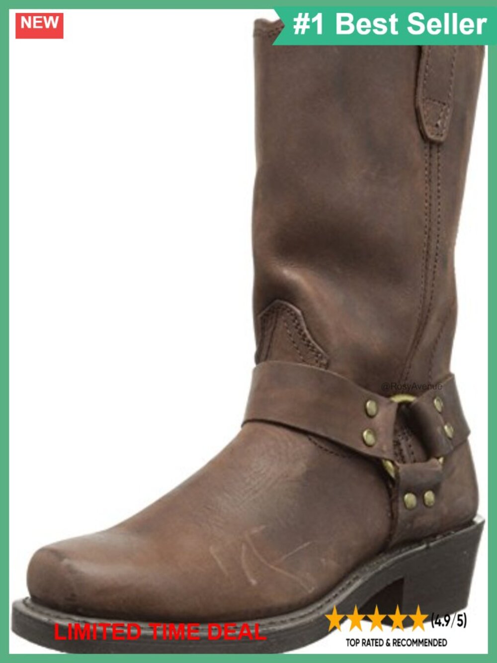 Leather Harness Boot Square Toe Low Heel Pull On Cushion Comfort